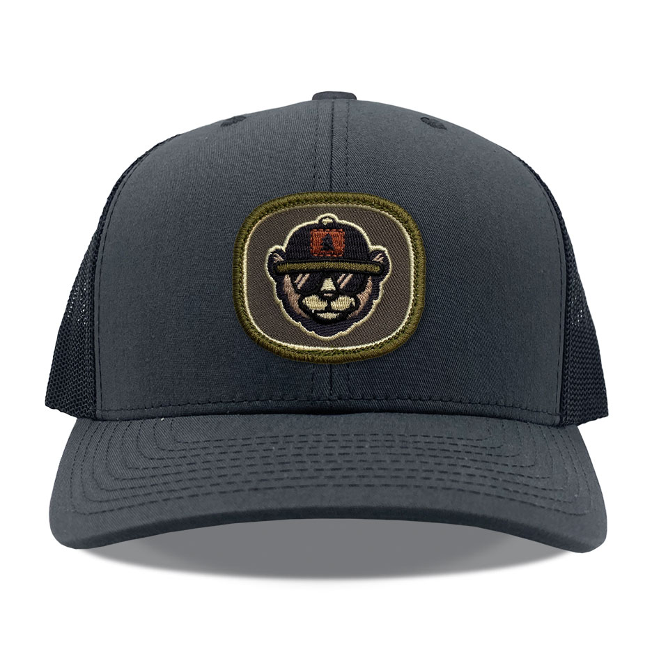 Yupoong 6606 Charcoal Black Bear Embroidered Patch Hats